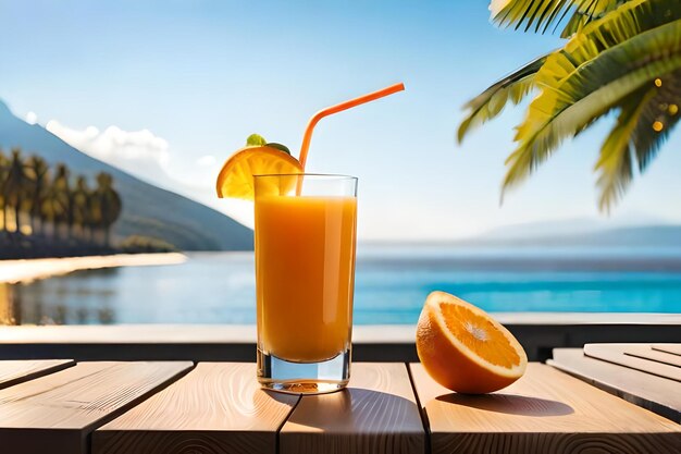 A glass of orange juice and an orange on a table.