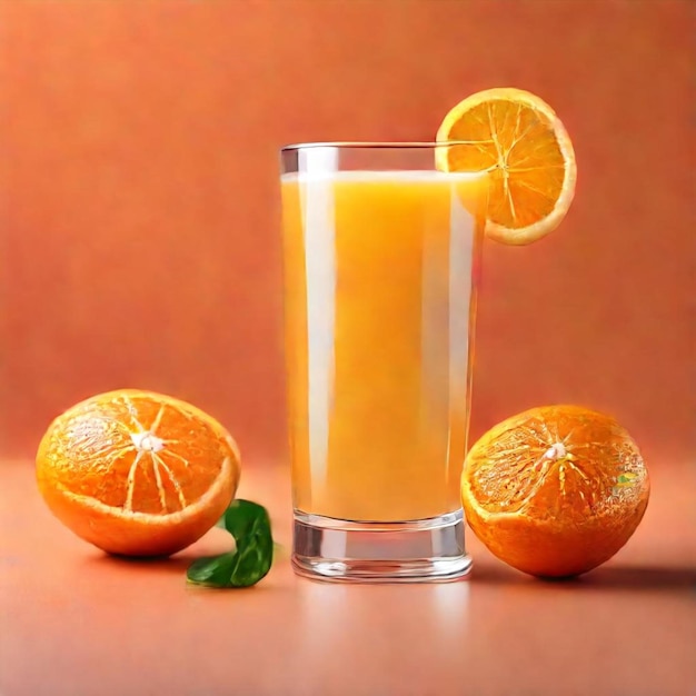 a glass of orange juice next to an orange