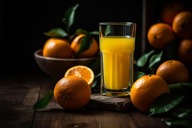 Glass of Orange Juice and Oranges on Wooden Board Table Vibrant and refreshing still life scene