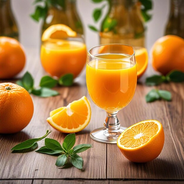 a glass of orange juice and oranges on a wooden table