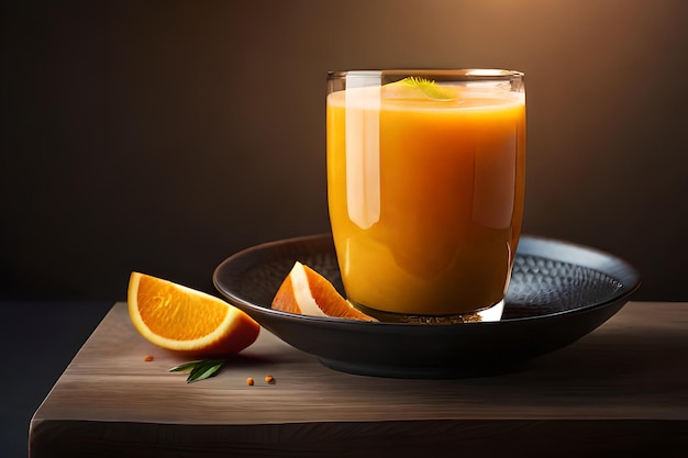 A glass of orange juice next to a plate with orange slices.