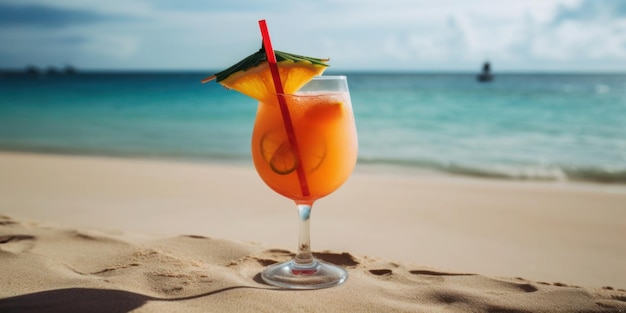 A glass of orange juice sits on the beach with a straw in the foreground.