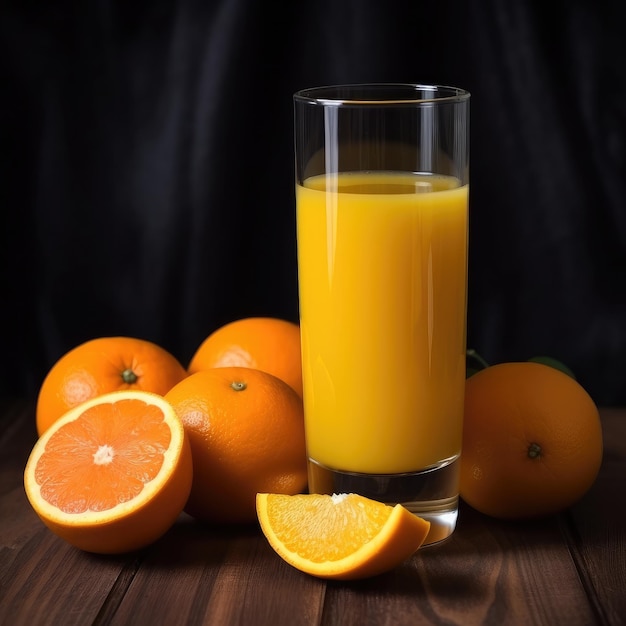 A glass of orange juice sits next to a bunch of oranges.