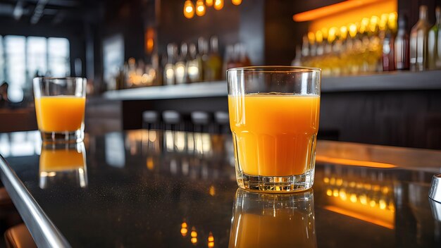 a glass of orange juice sits on a table next to a glass of orange juice