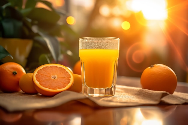 Glass of orange juice sits on a table with oranges and a glass of orange juice