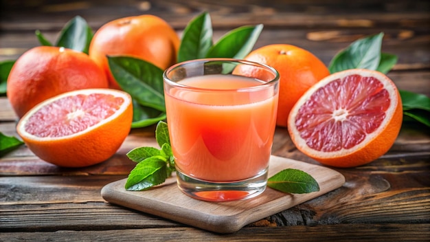 a glass of orange juice sits on a wooden table next to a grapefruit