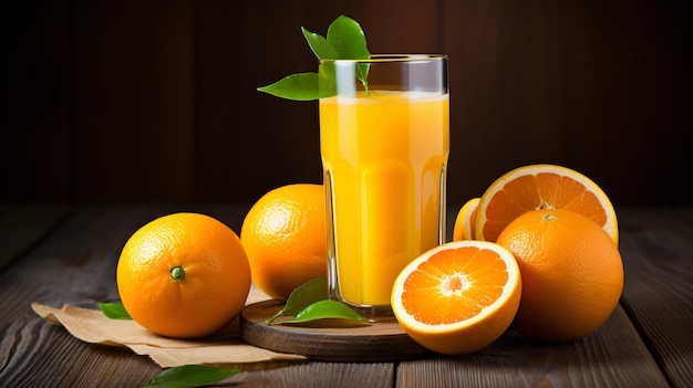 a glass of orange juice sits on a wooden table