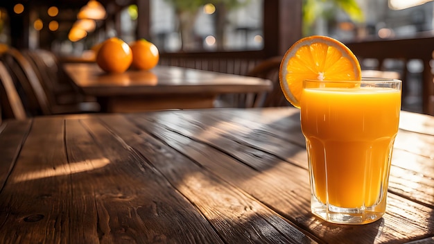 a glass of orange juice sits on a wooden table