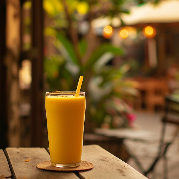 a glass of orange juice sits on a wooden table