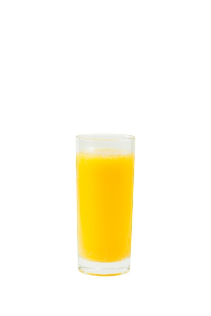 A glass of orange juice stands alone on a white background