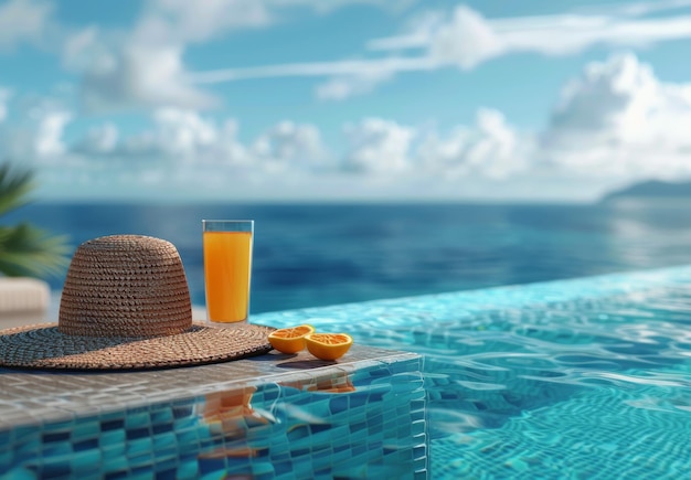 A Glass of Orange Juice and a Straw Hat on a Sunny Day by the Oceanside Pool