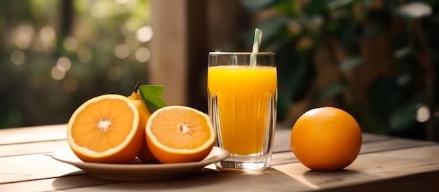 Glass orange juice on table fresh citrus summer drink panorama generative ai