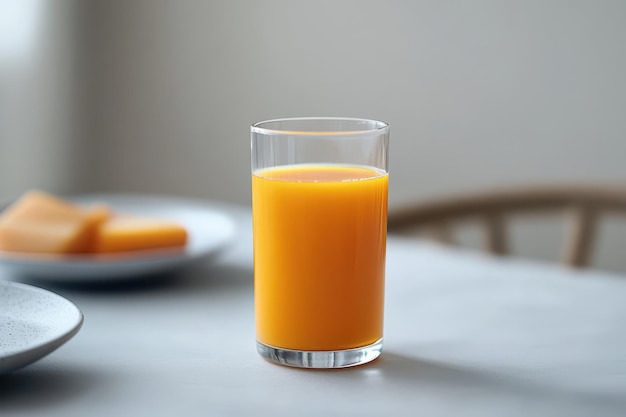 A glass of orange juice on a table with a plate of cheese in the background