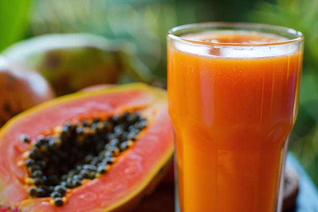 Photo a glass of orange juice next to a watermelon