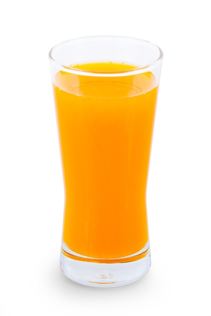 Glass of orange juice on white