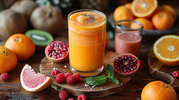 a glass of orange juice with berries and a bunch of raspberries on the table