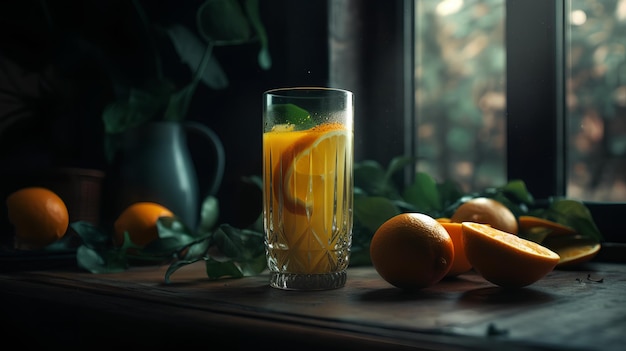 A glass of orange juice with a bunch of oranges on a table next to it.