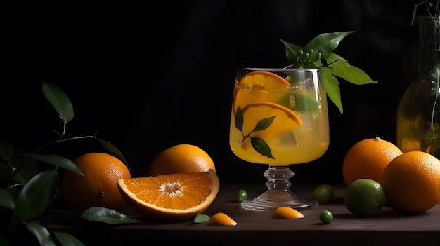 A glass of orange juice with a bunch of oranges on a table.