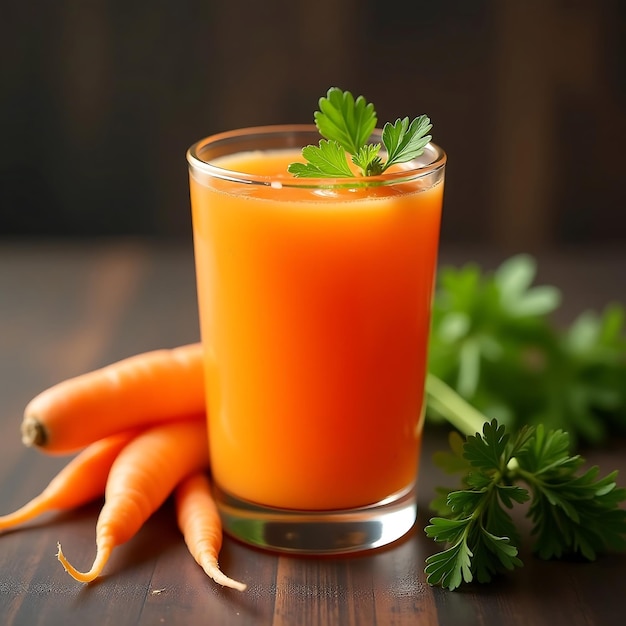 a glass of orange juice with carrots and celery on the table