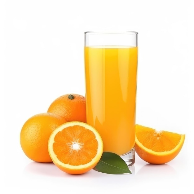 A glass of orange juice with a few oranges on it.