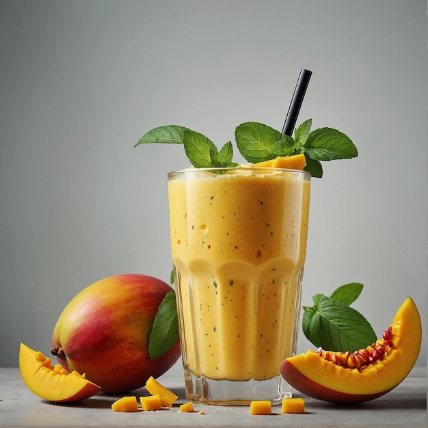 a glass of orange juice with a fruit on it and a fruit on the table