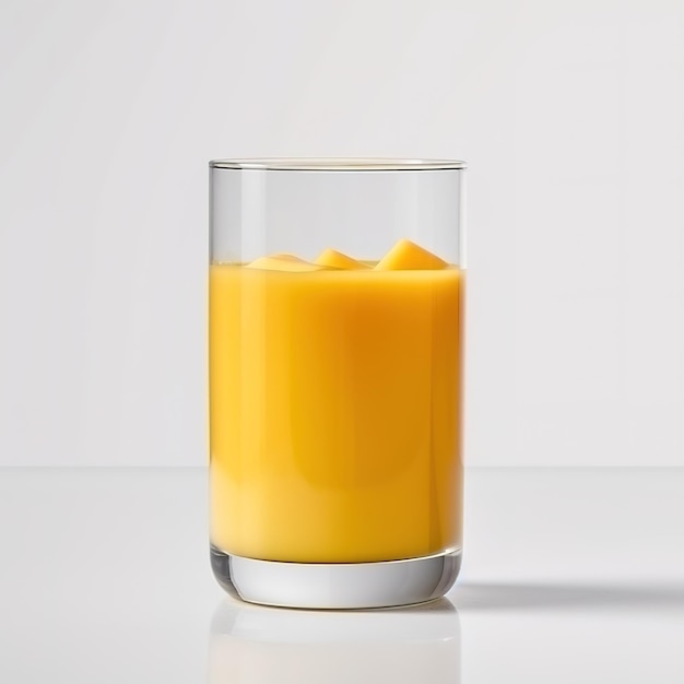 A glass of orange juice with ice cubes in it.