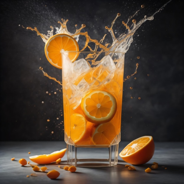 A glass of orange juice with ice cubes and orange slices.