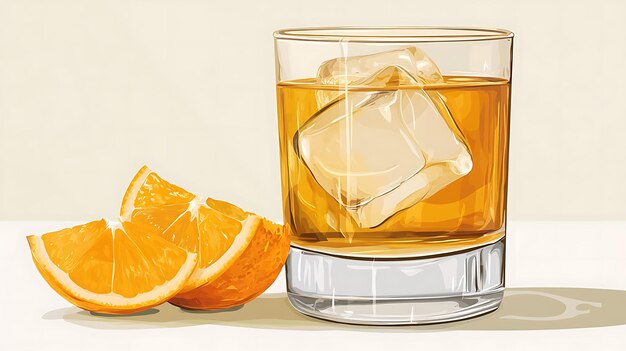 Glass of orange juice with ice and orange slices