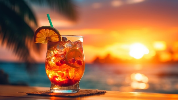 A glass of orange juice with ice and oranges on the background of a sunset