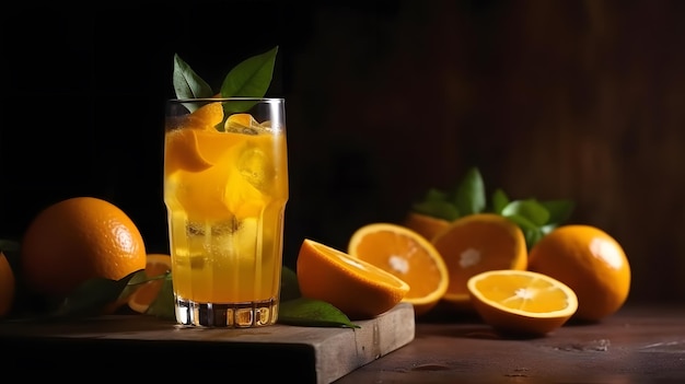 A glass of orange juice with leaves on the table