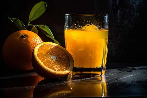 Glass of Orange Juice With Orange Slice Freshly poured and droplets glisten on sides of glass