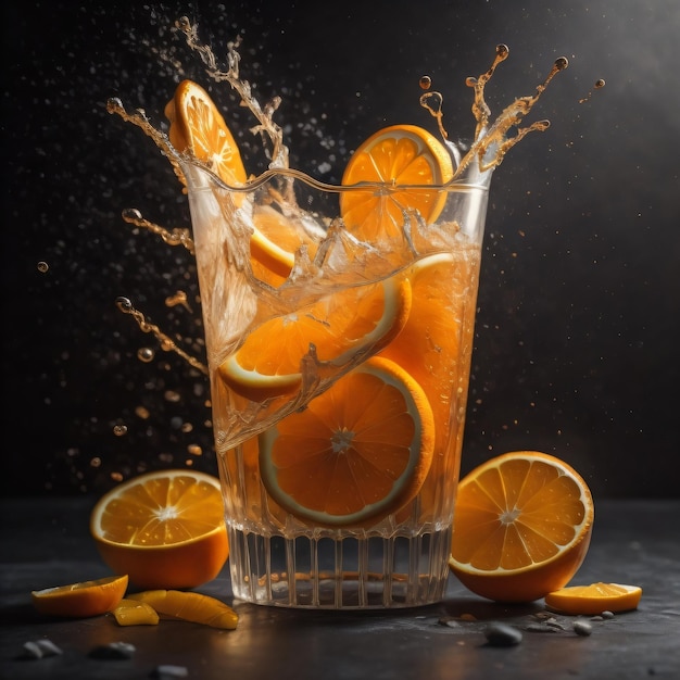 A glass of orange juice with orange slices and splashes.