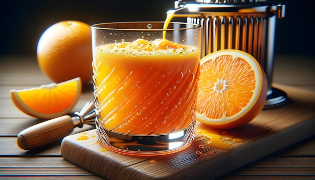 a glass of orange juice with orange slices on the table