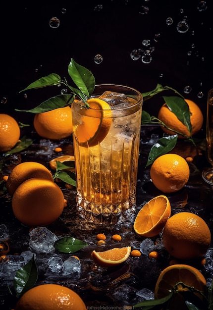 A glass of orange juice with oranges and leaves on a black background