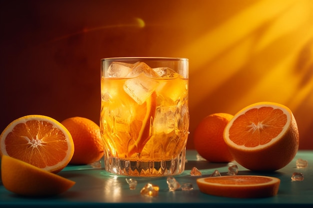 A glass of orange juice with oranges on a table