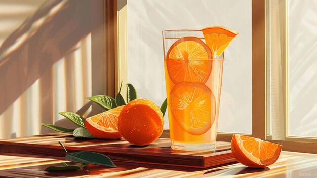 a glass of orange juice with a picture of a lemon and orange on the table