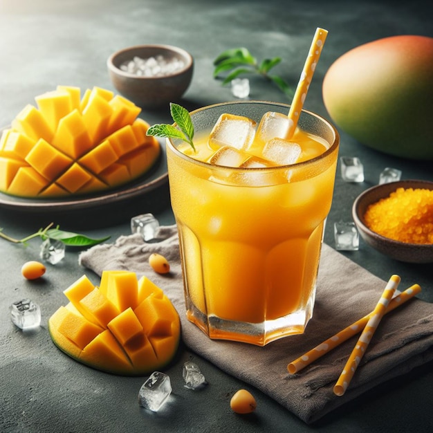 a glass of orange juice with pineapple and mango on a table