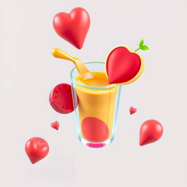 Photo glass of orange juice with red hearts and a straw on a white background