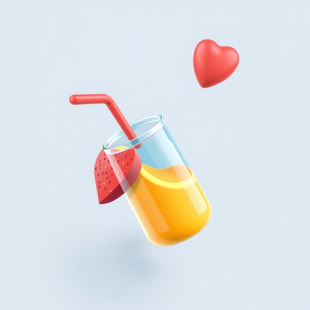 Photo a glass of orange juice with a red straw strawberry and heart shape on a blue background