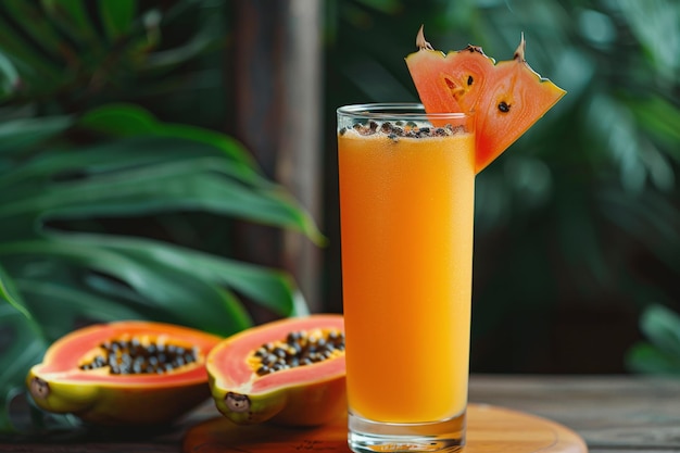 a glass of orange juice with a slice of grapefruit on it