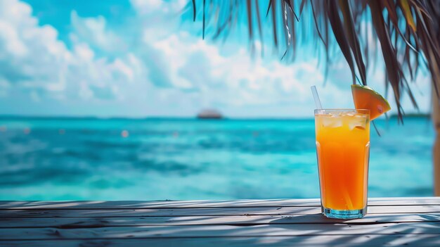 A glass of orange juice with a slice of melon on a wooden table on a beach