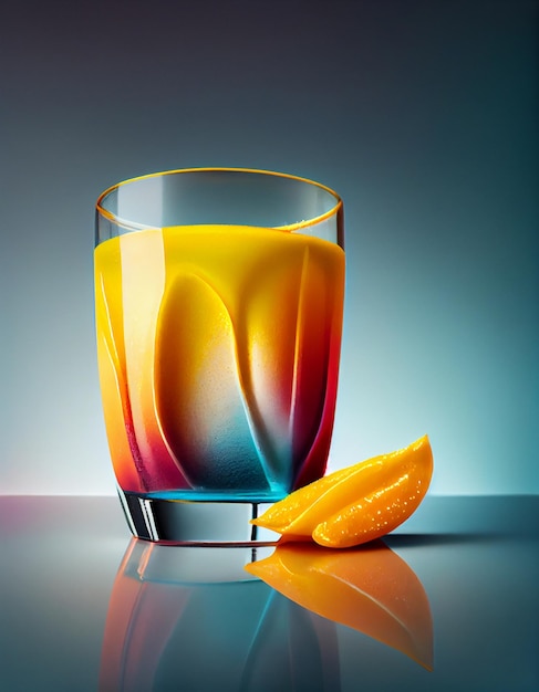 A glass of orange juice with a slice of orange next to it.