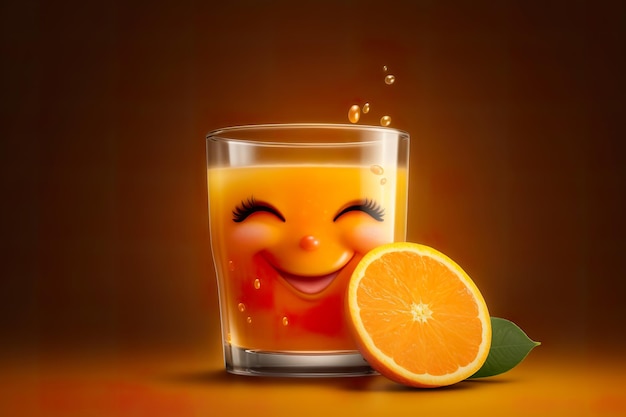 A glass of orange juice with a smiling face next to a half of an orange.