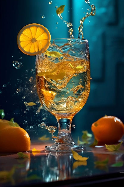 A glass of orange juice with a splash of liquid and a slice of orange.