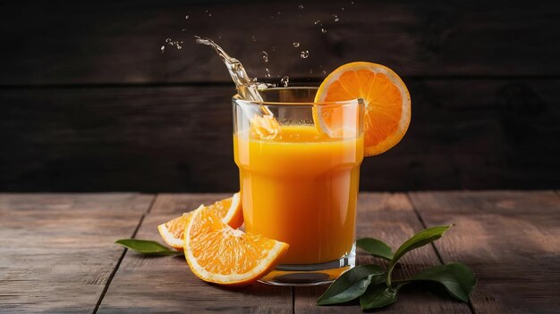 Glass of orange juice with splash and orange slice