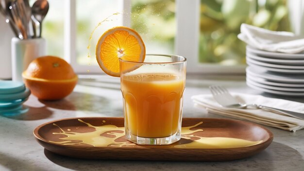 Glass of orange juice with splash and orange slice