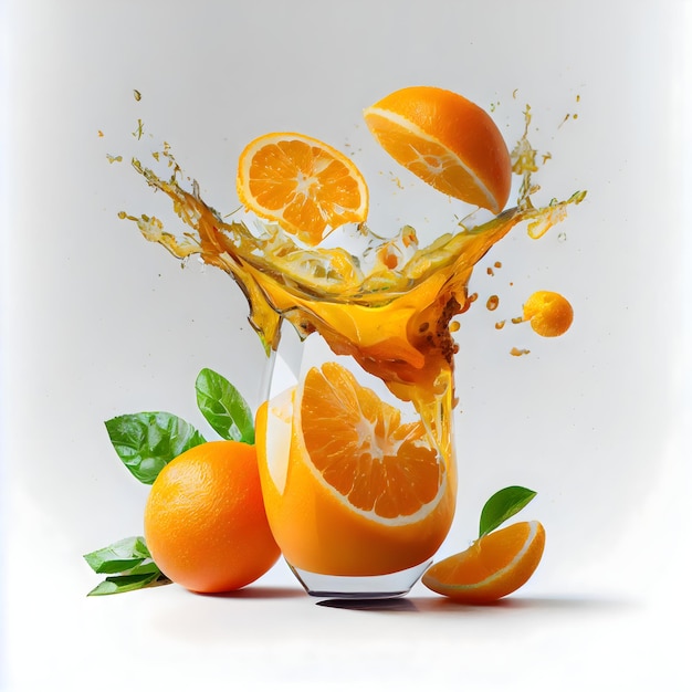 A glass of orange juice with a splash of oranges and leaves.