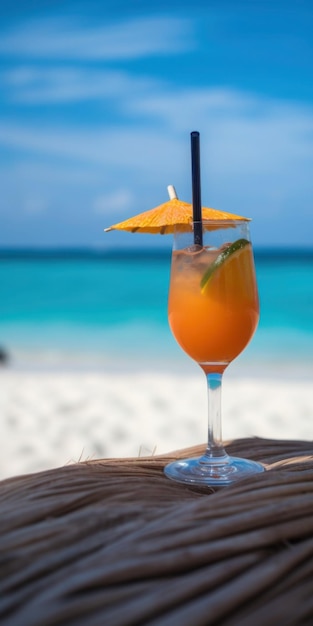 A glass of orange juice with a straw on the beach