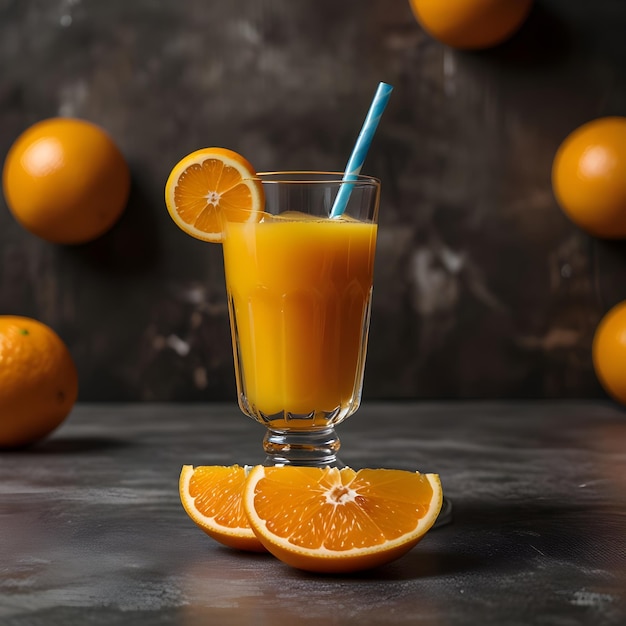 a glass of orange juice with a straw in it and oranges on the table