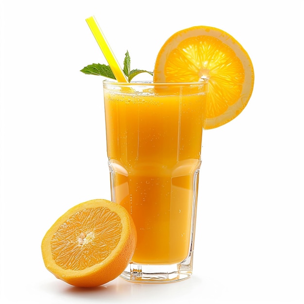 a glass of orange juice with a straw in it and two slices of oranges on the side